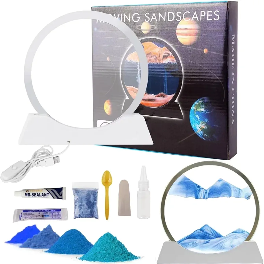 BGFJYUK Moving Sand Art Picture in Motion DIY Kit, Round Glass 3D Deep Sea Sandscapes with Display Flowing Sand Frame for Relaxing Desktop Home Office Work Décor, Making kit for adults (Blue,7inch)