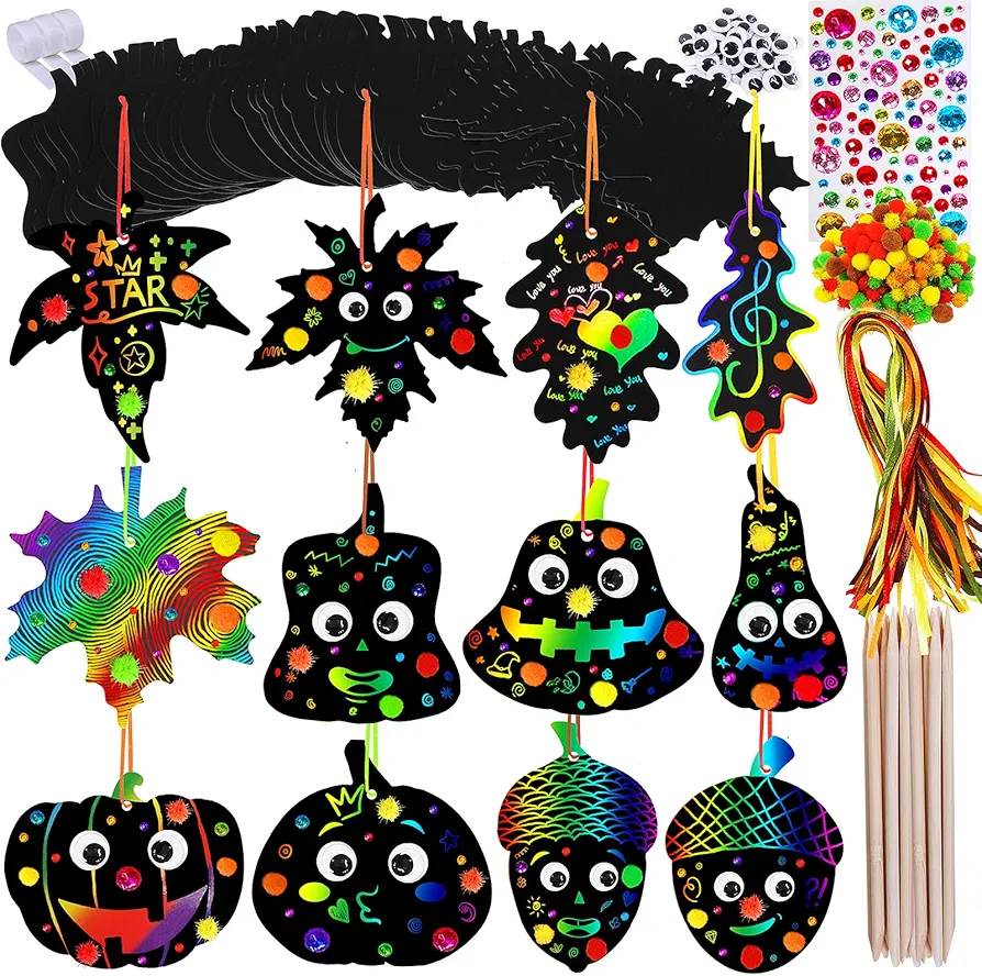 Winlyn 72 Sets Magic Color Art Rainbow Scratch Paper Fall Ornaments Decorations Fall Craft Kits Scratch Art Autumn Maple Leaves Pumkins Acorns for Kids Party Favors Classroom Activity Art Project