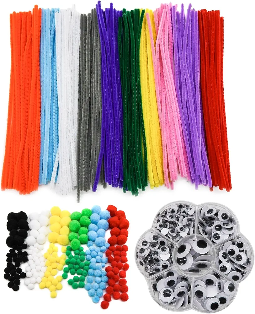 TOAOB 662pcs Arts Crafts Supplies Pipe Cleaners Set Includes 200pcs Chenille Stems 200pcs Pom Poms 262pcs Self Adhesive Wiggle Googly Eyes Assorted Color and Size for DIY Art Projects