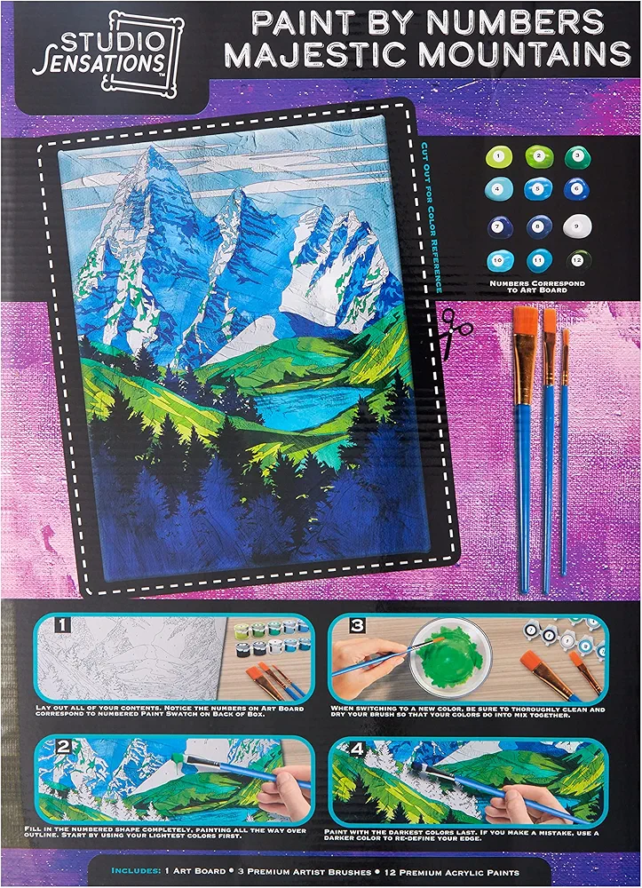 Paint by Numbers Art Kit – Majestic Mountains - Kid's Guided Painting Set - Includes Stretched Canvas, 12 Acrylic Paints & 3 Brushes - Perfect Children's Painting Gift Set