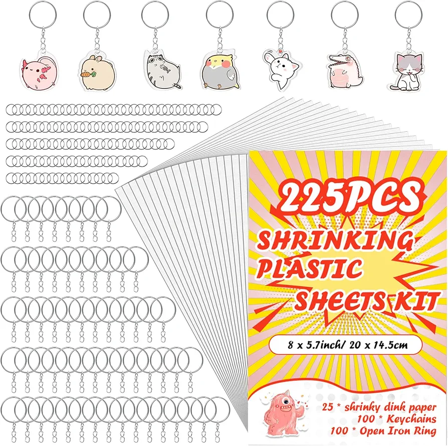 225PCS Shrinky Dink Kit,Shrinky Dink Sheets,Shrink Plastic Sheets Kit with 25PCS Shrinky Dink Paper,100PCS Keychains and Open Iron Ring for Kids Creative Craft Marking, Handprint Keychains