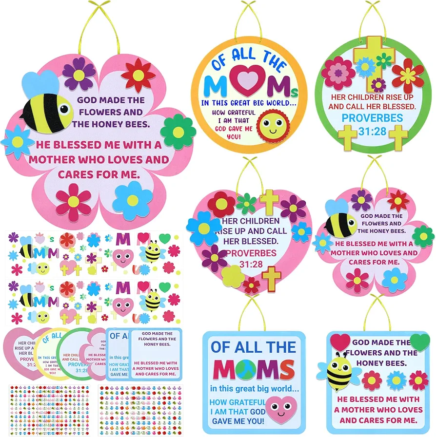Qyeahkj 12 Sets Religious Mother's Day Sign Craft Kit for Kids Mother's Day DIY Foam Banner Arts Crafts Decorations Spring Handmade Craft Gift Kit for Mom Classroom Students Project Activity