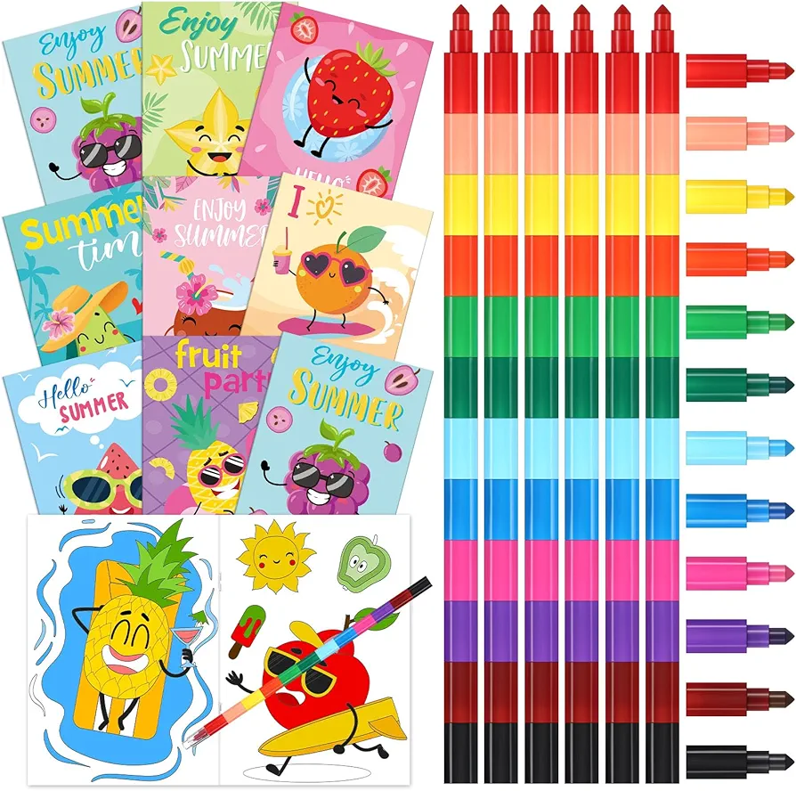 Pasimy 48 Pcs Coloring Books with Stackable Crayons Summer Fruit Camping Party Favors Coloring Pages Drawing Booklet Party Supplies for DIY Art Painting Games Goodie Bag Fillers (Summer Fruit)