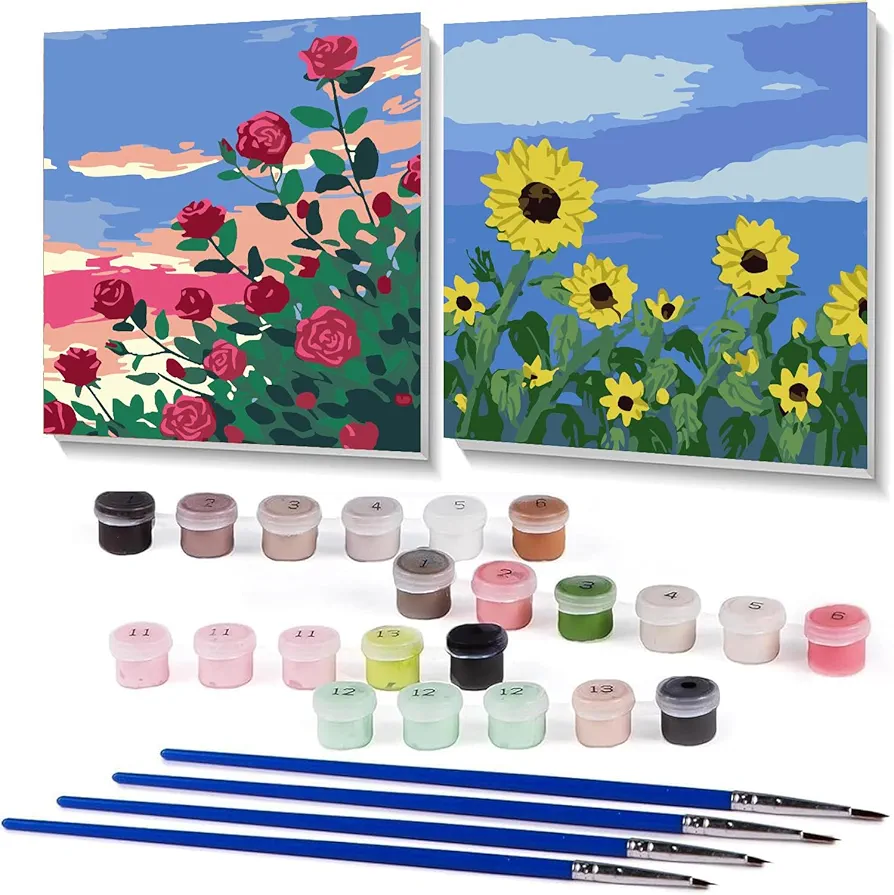 ZRIZQ 2 Framed Paint by Numbers for Kids Ages 6 8 10 12 Frame Easy,Paint by Numbers for Adults Beginner,Flowers Painting Kit for Girls,Rose Daisy Crafts for Girls(10x10 Inch)