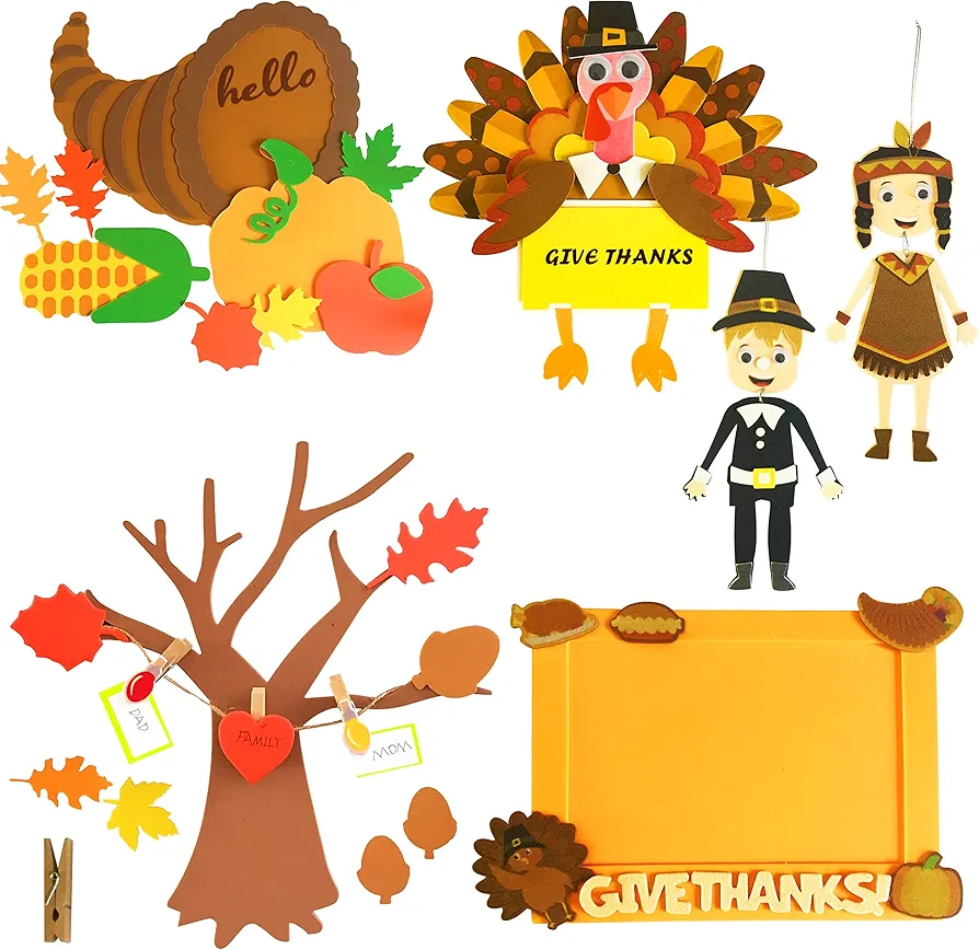 JOYIN Thanksgiving Craft Kits Art Sets with Picture Frame, Turkey Making Door Sign Kit, Foam Cornucopia Kit, 3D Tree and DIY Girls and Boys for Kids Party Thanksgiving Activities