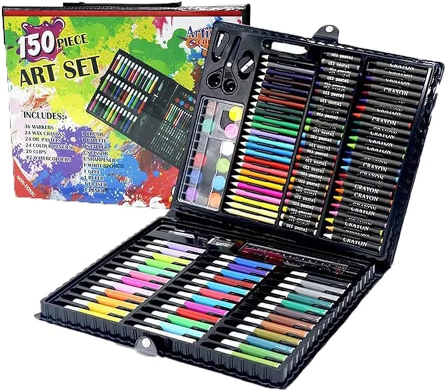 K.ARP Children Deluxe Art Drawing Crayon Color Set for Kids Case Art and Craft Supplies Drawing and Painting Set Great Gift (150Pcs -Black)