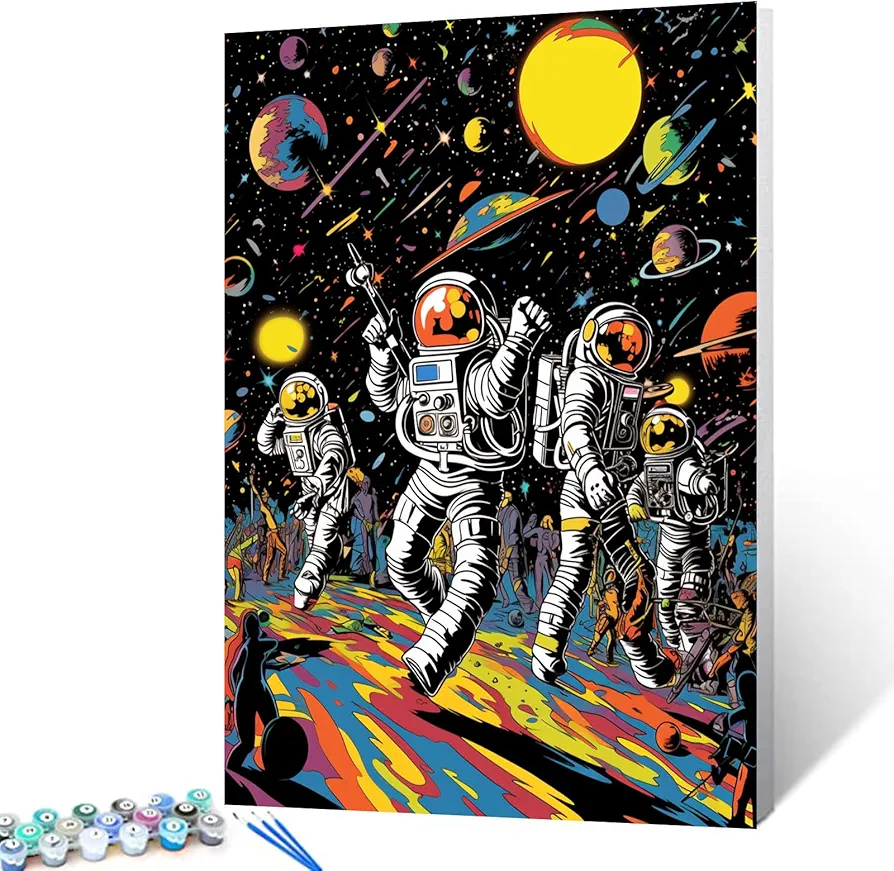 Astronauts in Space Paint by Number for Adults, Music Rock Disco Party DIY Oil Painting Kits on Canvas with Brushes and Acrylic Pigment - Spacemen Dancing Arts Crafts Home Decor 16x20inch(Frameless)