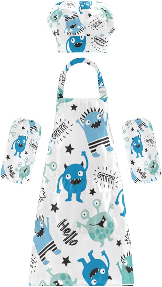Kids Apron and Chef Hat Set, Adjustable Monster Hello Child Apron with Pockets for Kitchen Role Play