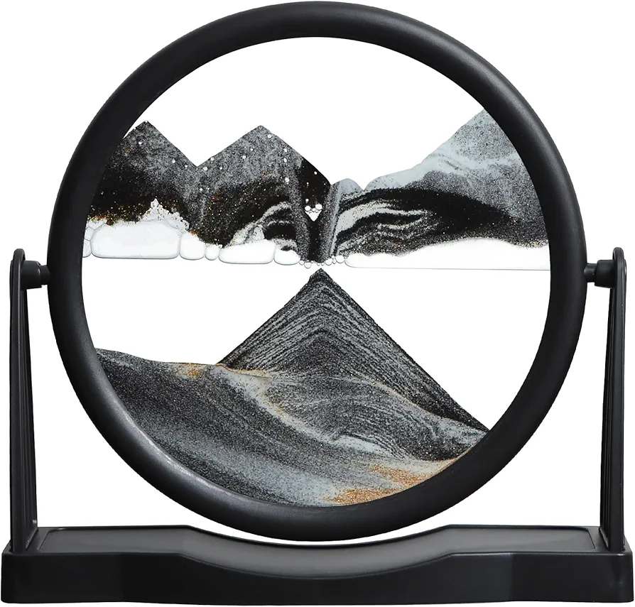 KPNUWN Moving Sand Art, Round Glass Quicksand Painting, Sand Art Liquid Motion Picture, 3D Hourglass Deep Sea Sandscape for Desktop Home Office Decor (8 Inch Gray)