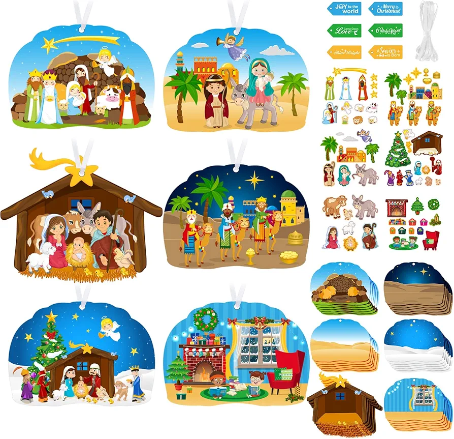 Funrous 36 Pack Make a Nativity Scene Christmas Nativity Craft Kits Nativity Scene Hanging Ornaments Religious Christian Craft Kits for Holy Night Christian Religious Party Supplies 6 Styles