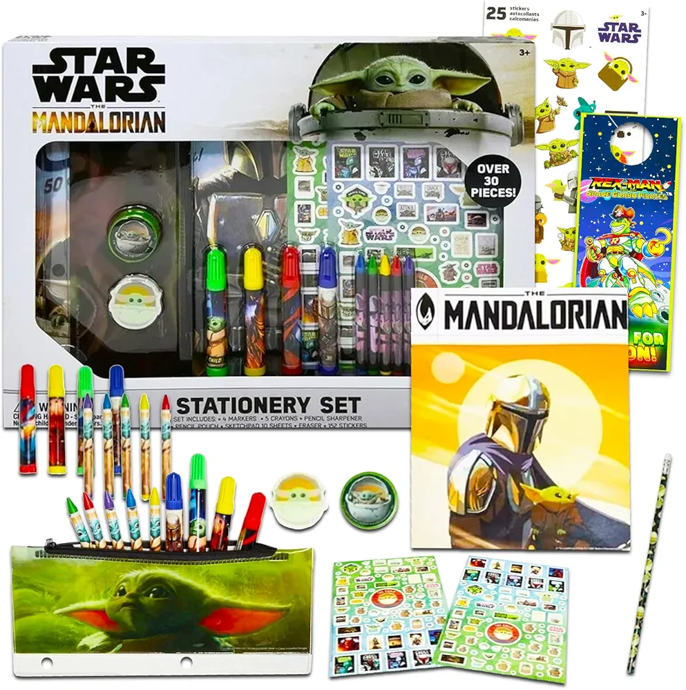 Baby Yoda Store Mandalorian Arts and Crafts Kit - Bundle with Baby Yoda Notebook, Coloring Utensils, Stampers, Stickers, More Plus Bonus Star Wars Stickers Door Hanger (Baby Gifts), mandalorian gifts
