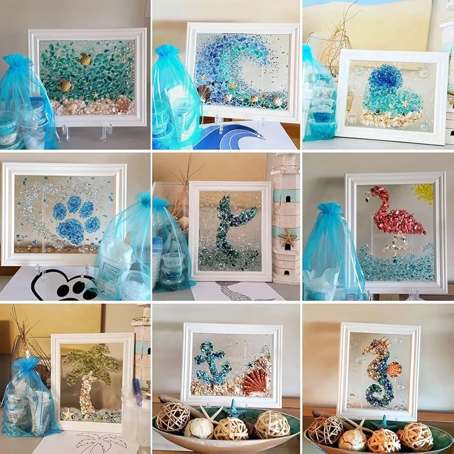 EQUELY Sea Glass Art Kit, DIY Ocean Painting Kit, DIY Mosaic Arts and Craft Kits with Sea Animal Plant Accessories, Art Frame Birthday Gift for Best Friends, Desk Windowsill Decoration(All 9 sets)