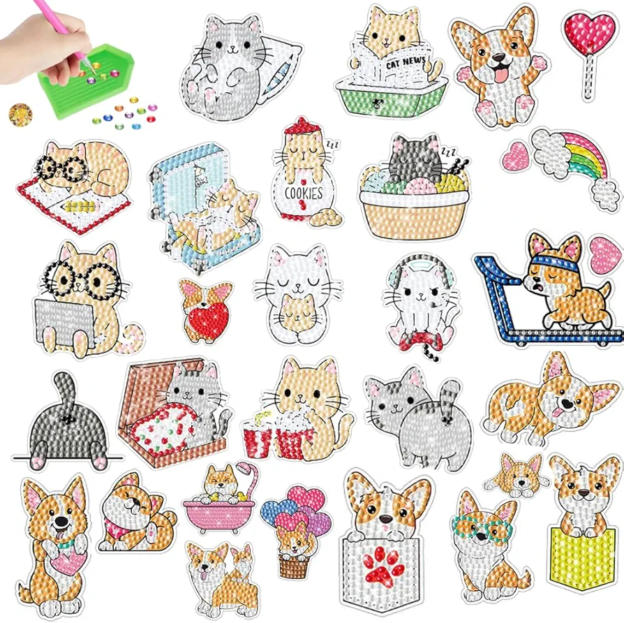 TRUZ Kids Diamond Painting Stickers Kits,5D DIY Diamond Painting Kits Gem Art Crafts for Children Diamond Dots Mosaic Kits for Girls,Boys and Adults (Cats and Dogs)