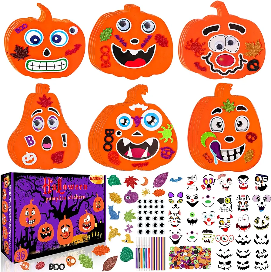 Natonhi Halloween Crafts for Kids 430Pcs Halloween Activitie Art and Craft Kits for Kids Halloween Foam Pumpkin Self Adhesive Fall Leaves Halloween Glitter Stickers for Party Favors Decoration