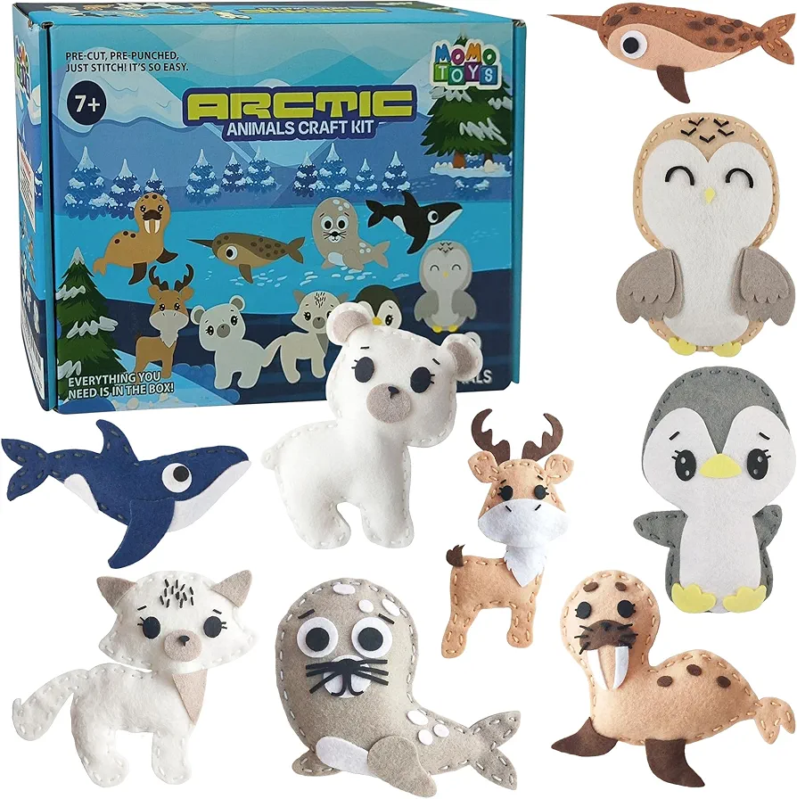 MOMOTOYS Sewing Kit for Kids, Fun & Educational Arctic Animals Sew Craft Set for Boys and Girls Ages 8-12, Complete Beginner Sewing Kit with Felt Plushie for Creative DIY Projects