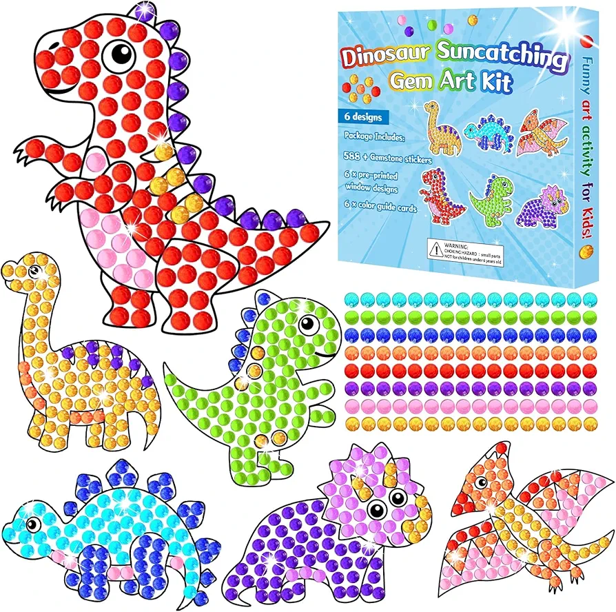 Qyeahkj 6pcs Dinosaur Crafts Box Dinosaur Suncatchers Big Gem Diamond Painting kit DIY Stained Glass Art Crafts Gifts Exchange for Home School Window Decor
