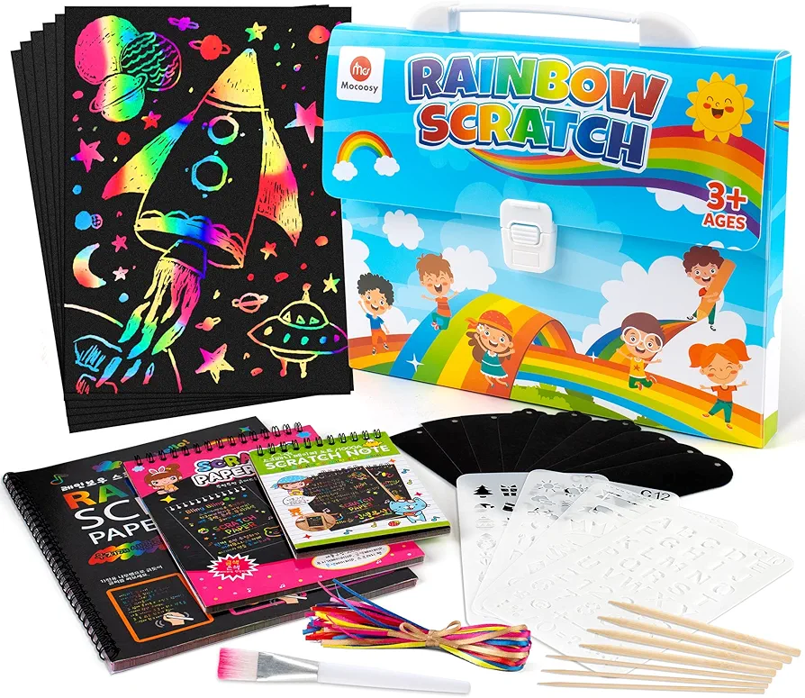 Mocoosy 140PCS Rainbow Scratch Paper Set, Magic Scratch Art Deluxe Combo with Case, Include Black Scratch Off Sheets, Scratch Notebook, Scratch Bookmarks for Kids Art Craft Kit Birthday Gifts