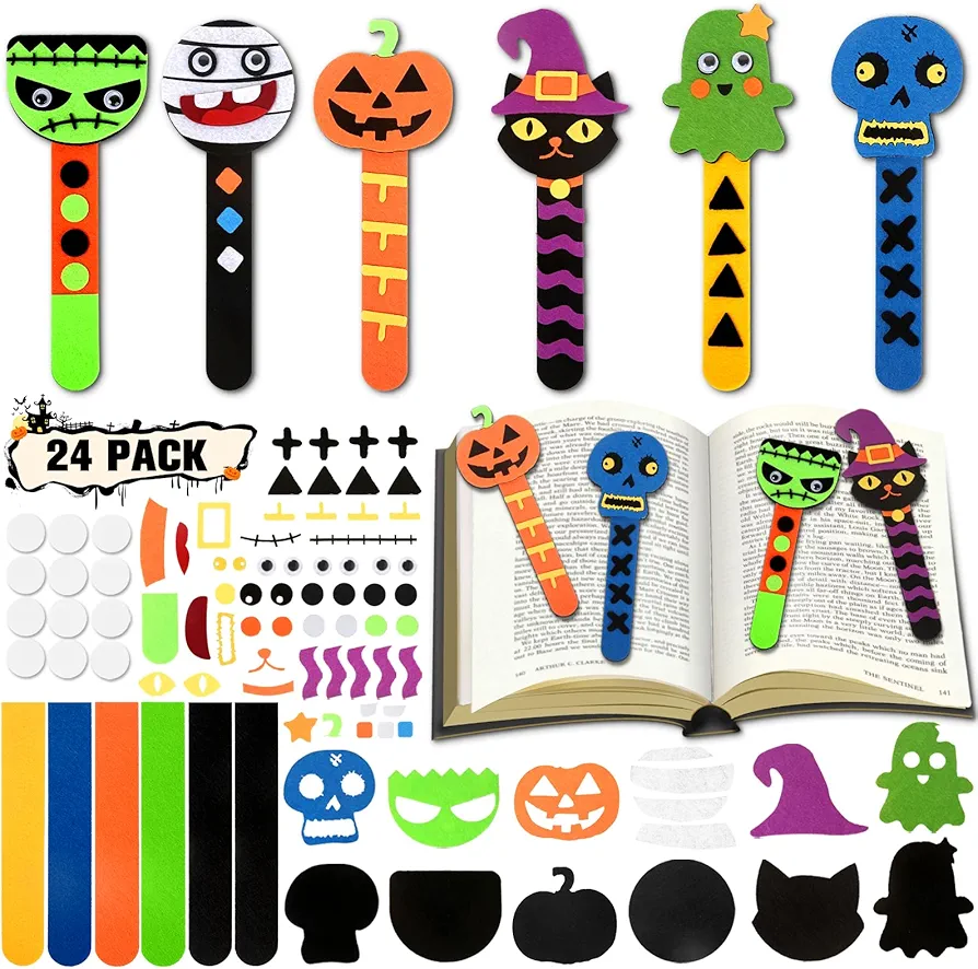 Halloween Crafts for Kids 4-8, 24 Pack DIY Halloween Bookmark, Arts and Crafts for Kids Halloween Activities, Halloween Party Favors Trick or Treat, Goodie Bag Gift Toys, School Classroom Reward