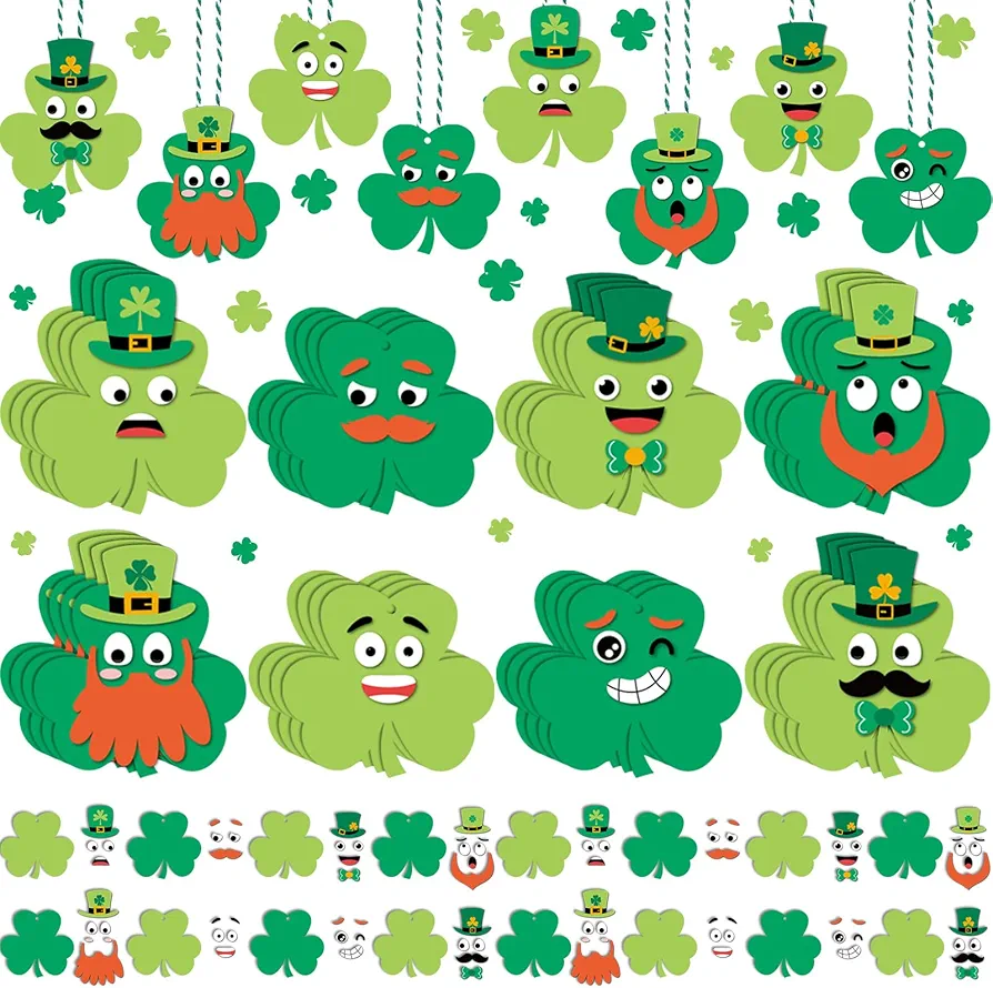 48 Sets St. Patrick's Day Craft Kits for Kids DIY Shamrocks Craft Make Your Own Shamrock Shaped Art for St. Patrick's Day Home Kindergarten Class Game Activities