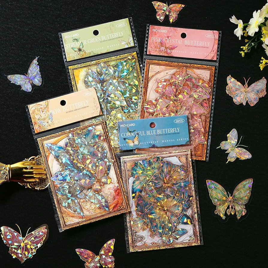 Holographic Butterfly Stickers, 80 Pieces Sparkling Butterfly Sticker for Greeting Card, Gifts, Scrapbooking, Crafting, Transparent Colorful Butterfly Sticker Set for Candle Jars, Tumbler, Resin Art