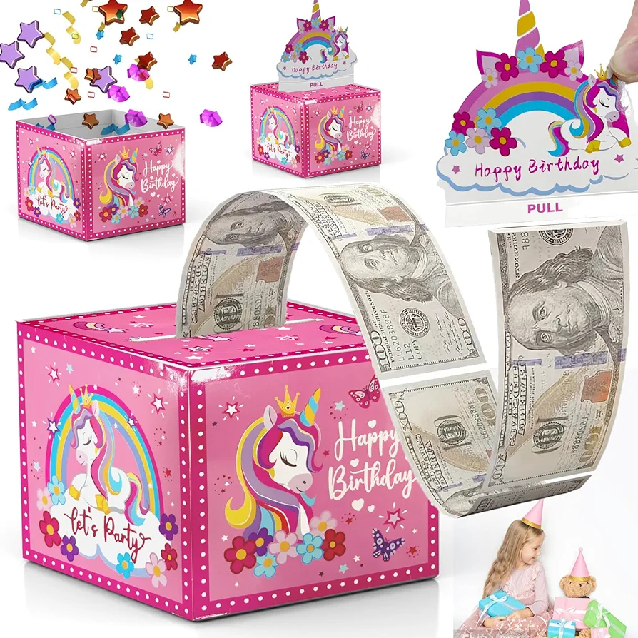 Happy Birthday Money Box for Cash Gift Pull, Surprise Money Roll Gift Box with Pull Out Card and 30 Transparent Bags DIY Set, Funny Ways to Give Money as Gift for Parents, Lovers, Kids and Friends