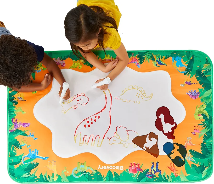 Discovery Kids Dino Doodles Aqua Magic Art Mat, Draw with Water Coloring Set, Dry to Erase, Includes Stamps Stencils Sponge & Case, Suction Cup Mounts to Wall Or Floor, 18-Piece, Age 3+