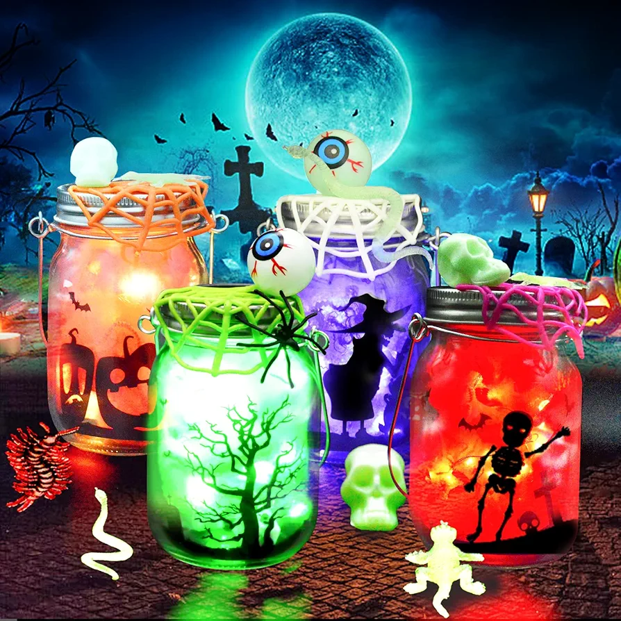 Halloween Craft Kit for Kid,4 Pack Glass Mason Jar with 45 accessory for DIY Lantern Jar,Halloween Art & Craft Party Decoration Supply,Halloween Art Craft Activity,Gift for Ages 4-12 year Old