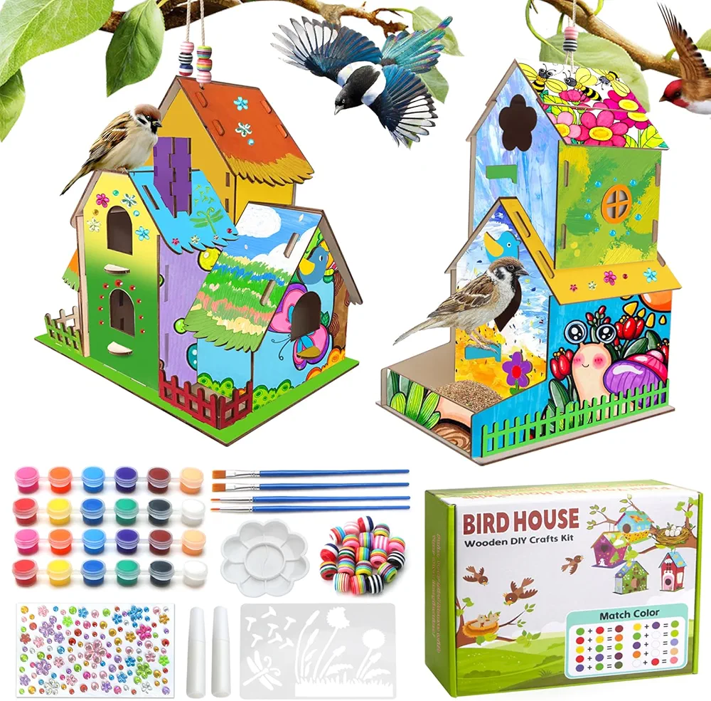 2 Pack Bird House Crafts for Kids Ages 5-8 8-12,Buildable Wooden DIY Villa Birdhouse Crafts Projects with Paint for Children to Build,Double Storey Bird House Crafts Kits for Boy Girl Awards Gift