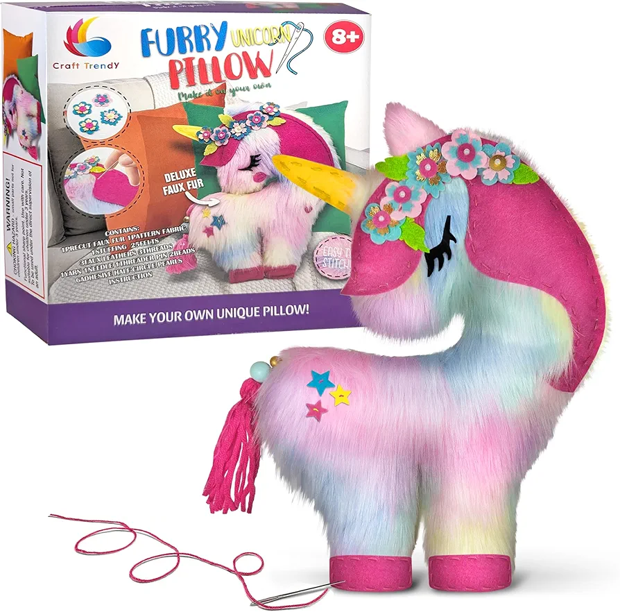 Craft Trendy Furry Unicorn Pillow Sewing Kit for Kids and Adults DIY Craft Kit, Sewing Required.Cute Plushy Decor Pillow, CT004