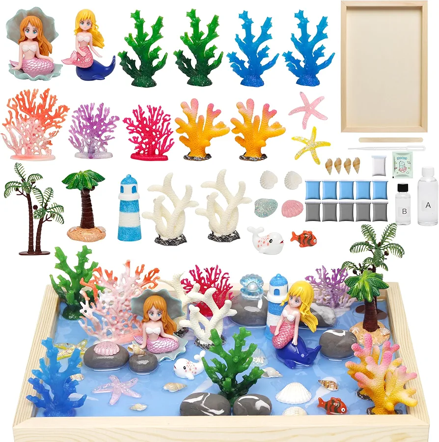 Kiditos Sea World Arts and Crafts DIY Micro Landscape Miniature Toy Kit for Kids Ages 8-12 with Epoxy Resin Kit,Mermaid Toys&Wood Frame,Ideal Birthday Gift for Girls,STEM Activity for School