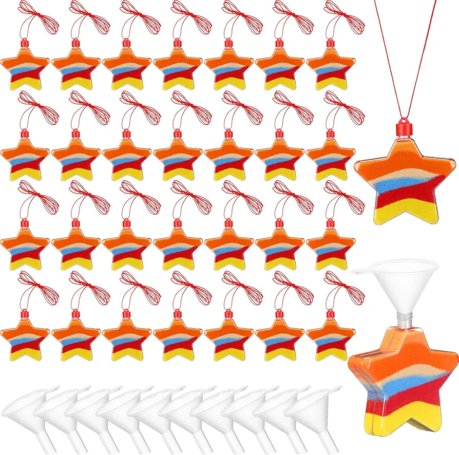 30 Pack Sand Art Bottle Necklaces for Kids Sand Art Craft Kit Fun Art Party Supplies Favors DIY Art Activity Group Include Clear Plastic Mini Funnels, Sand Not Included(Star)