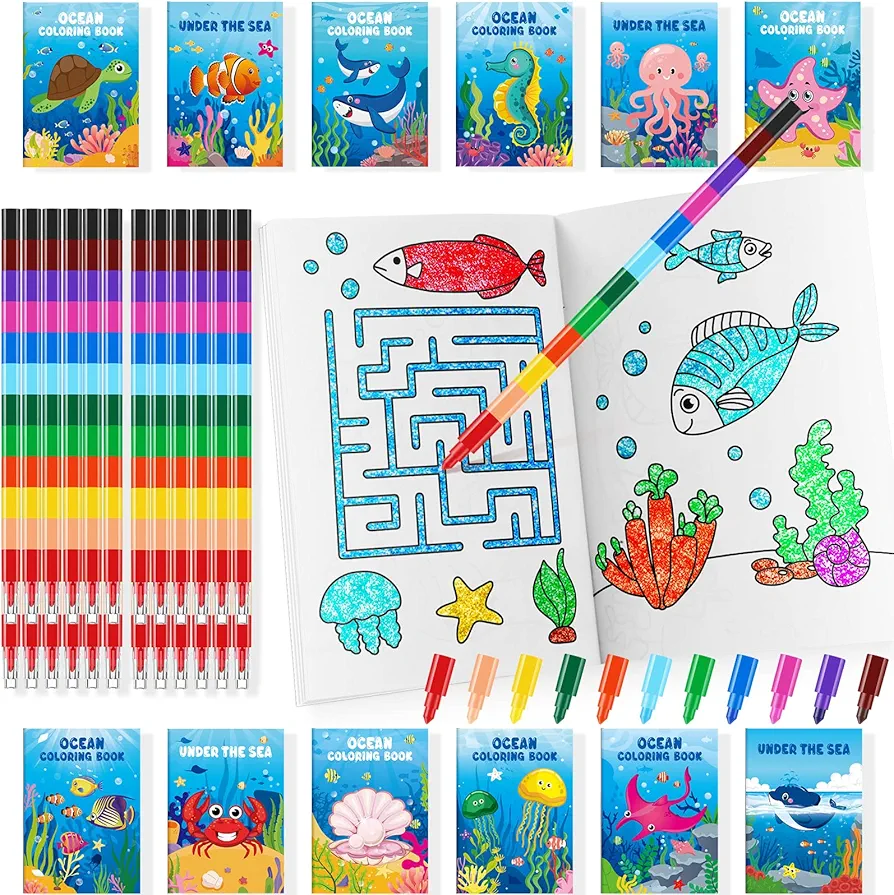 24 Under the Sea Coloring Books with 24 Stacking Crayons Ocean Animals Party Favors mini Drawing Book Bulk for Kids Ocean fish party Birthday Party Goodie Bag Gift Stuffer School Classroom Activity