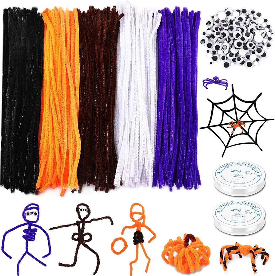 UPINS 550PCS Halloween Pipe Cleaners Set Including 5 Colors of Chenille Stems 4 Sizes of Wiggle Googly Eyes for Halloween Party DIY Art Craft Supplies