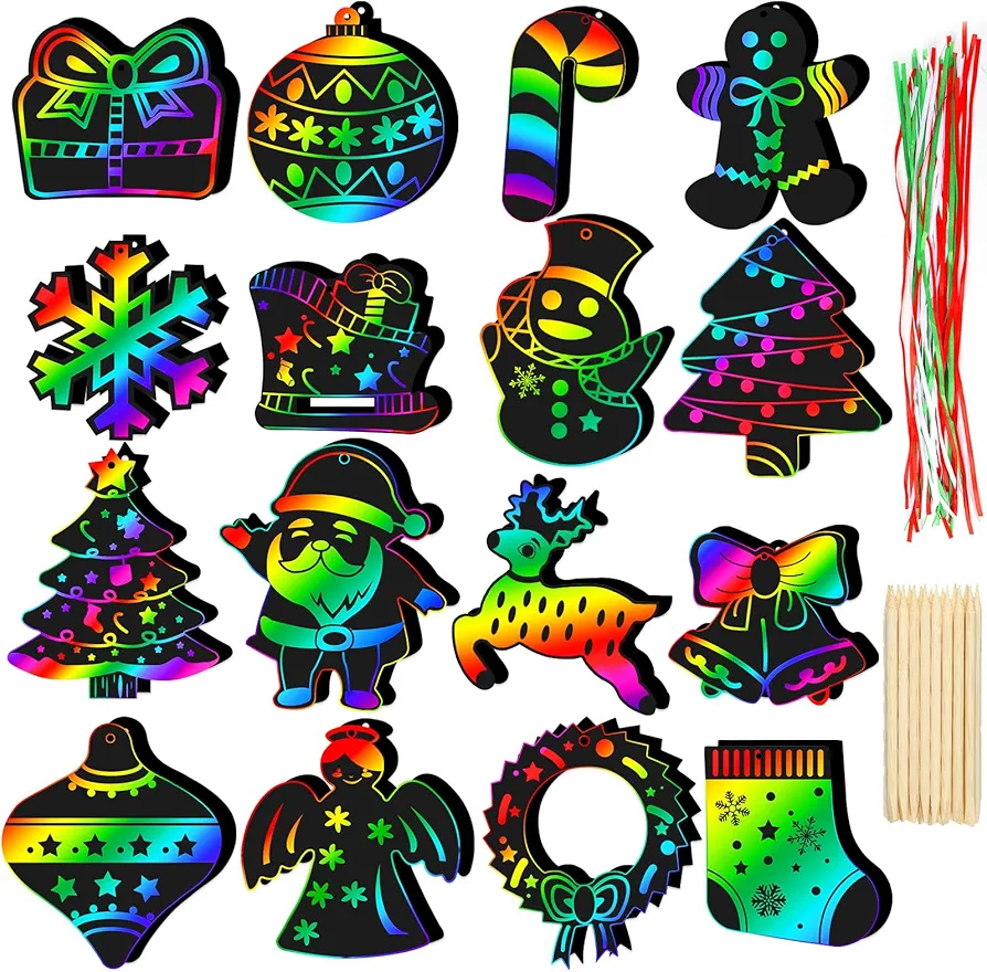 Natonhi 96pcs Christmas Crafts for Kids, Christmas Party Favors Magic Rainbow Scratch Paper Ornament with Wooden Drawing Sticks, Lanyards for Kid Holiday Party Gifts, Classroom Activities