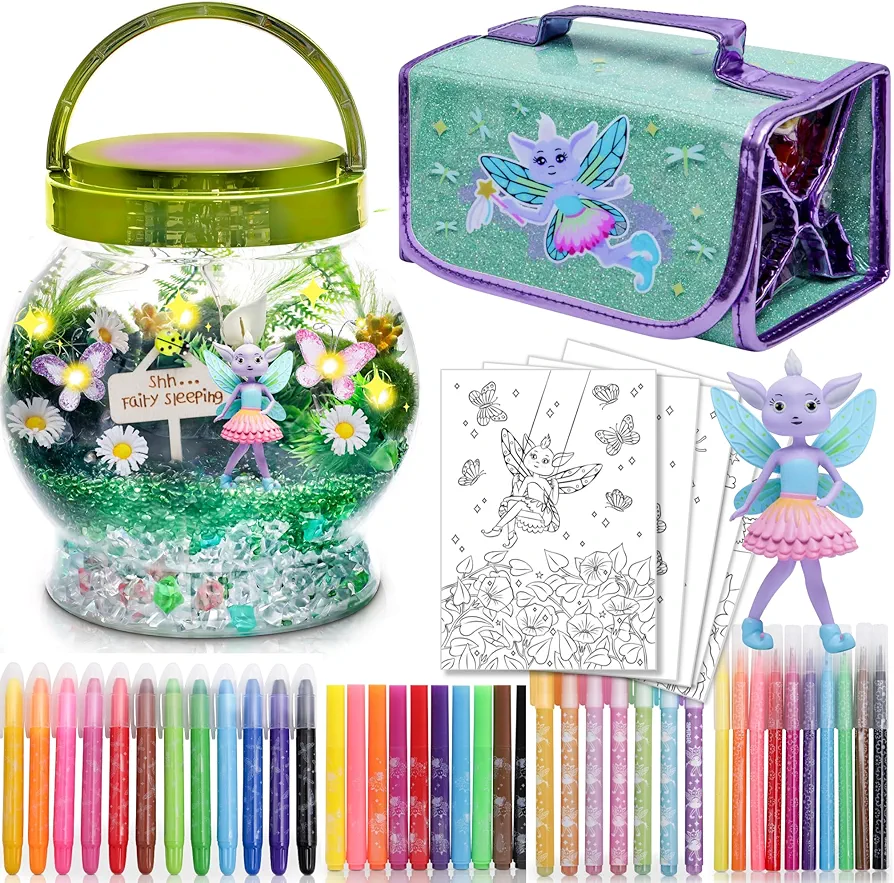Amitié Lane Fairy Garden & Scented Marker Art Set - Arts and Crafts DIY Terrarium and Coloring Kit for Girls Ages 5-12, Inspiring Imagination and Artistic Expression