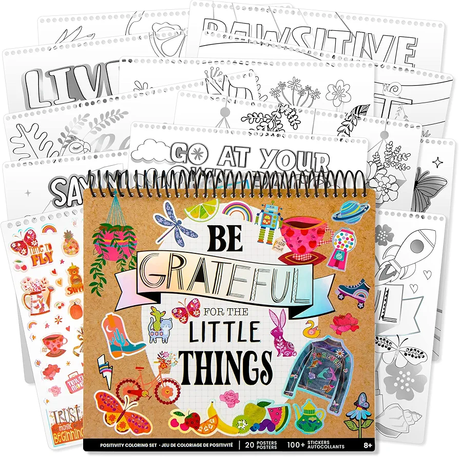 Fashion Angels Positivity Poster Coloring Set - 20-Page Coloring Portfolio - 20+ Things to be Grateful for, includes Stickers, Posters for Positivity Coloring, Mental Health - Ages 6 and Up