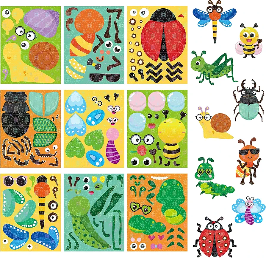 45Pcs Insect Make-a-Face Holographic Sticker for Kids Make Your Own Bugs Stickers Game Party Favors with Butterfly Bee Ladybug Ants Art Craft Birthday Gift School Activity Reward