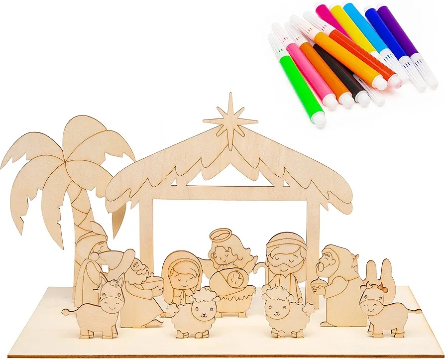 Haooryx 15Pcs Nativity Scene 3D Wood Art Craft Storytelling, Christmas Color Your Own Nativity Scene for Xmas Decorations Celebrate The Birth Party Game Christian Birthday Gift