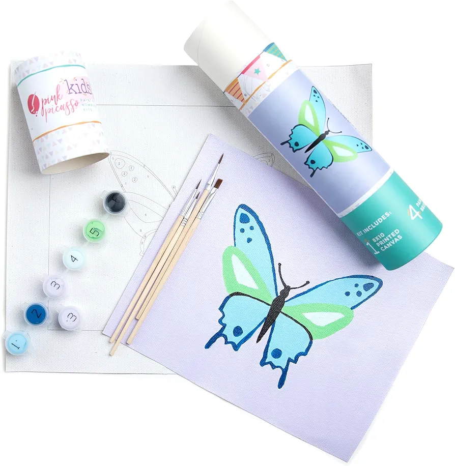 Pink Picasso Kits Paint by Number for Kids Ages 8-12 | DIY Beginner Kids Craft Kit Acrylic Paint Canvas Painting Art Kits & Wall Decor as Seen On Shark Tank | (Butterfly) 8x10-Paint Kit Set