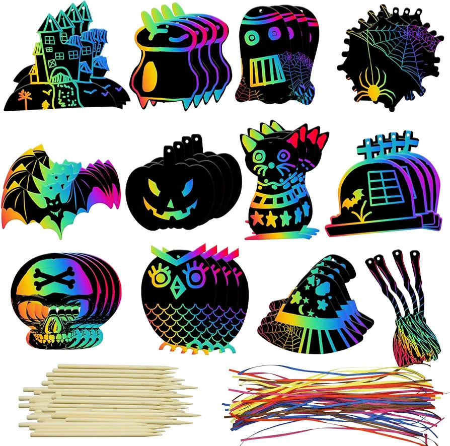 48Pcs Halloween Scratch Art for Kids, Rainbow Scratch Paper DIY Halloween Crafts Black Scratch Paper, Black Scratch off Paper with 48 Wooden Stylus 48 Cords, Hanging Halloween Ornaments Party Supplies
