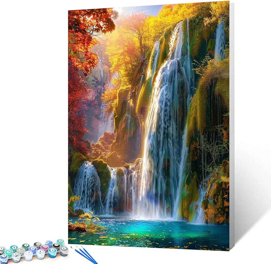 Native American Paint by Numbers Kits with Brushes and Acrylic Pigment on Canvas Painting for Adults, Waterfallat Sunset Arts Crafts Project Home Decor Landscape Gifts 16"x20" inch (DIY Framed)