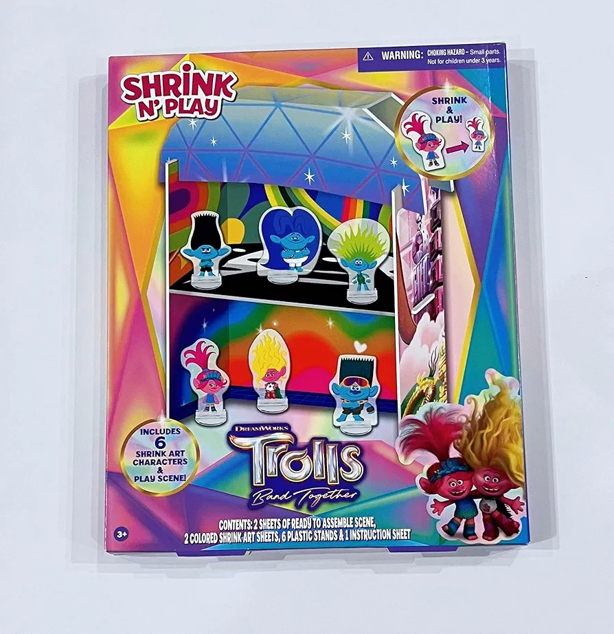 Shrink and Play Troll Band Together Activity Set Play for 3+. Includes 2 Sheets of Ready to Assemble Scene, 2 Colored Shrink Art Sheets and 6 Plastic Stand.Gift for Christmas, Birthday.