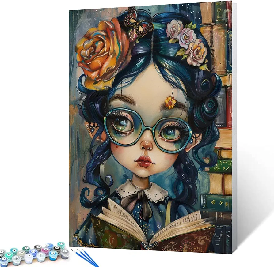 Female Student Wearing Glasses Paint by Numbers for Adults Cute Girl Hold The Book DIY Acrylic Watercolor Paintwork for Kids Beginners Graffitic Painting Arts Craft Home Decor16X20 inch（DIY Frame)