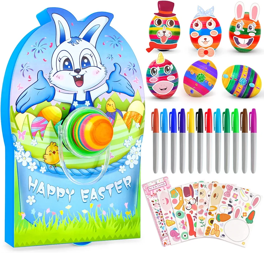 Dreamon Easter Egg Decorator Kit,Easter Egg Spinner Machine Arts and Crafts Set 12 PCS Colorful Quick Drying Markers & 5 Plastic Eggs
