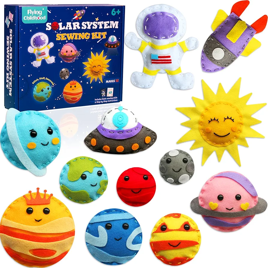 Flying Childhood Planets Sewing Kit for Kids, DIY 12 Space Crafts, Felt Project Supplies Kit for Beginners, Solar System Toys as Boys Girls Birthday Gifts