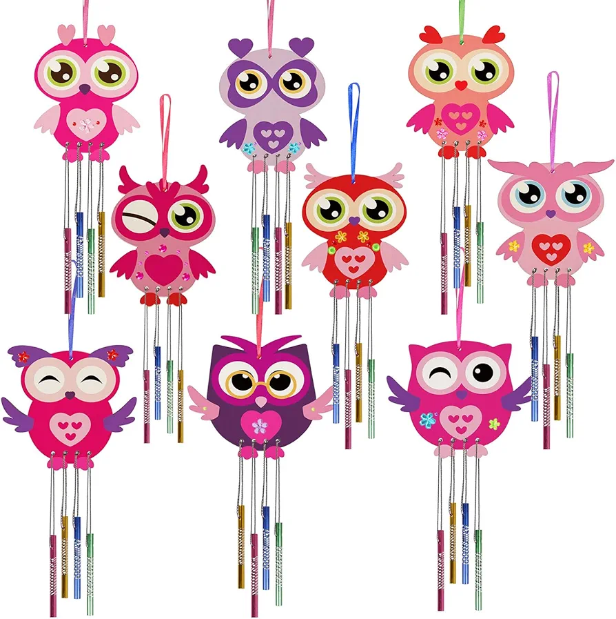 Fennoral 9 Pack Mother's Day Wind Chime Kit for Kids Make Your Own Owl Wind Chimes for Girls Boys DIY Coloring Valentine's Day Craft for Art Project Mother's Day Decoration