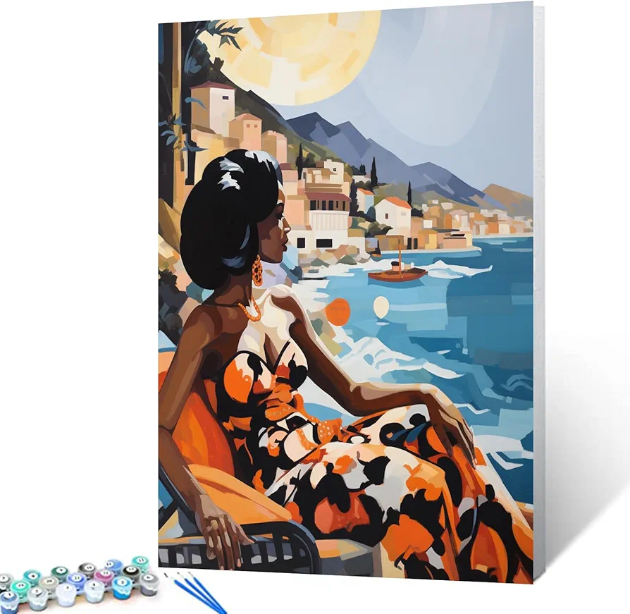 Native African Girl Paint by Numbers for Adults,Afro Black Women DIY Acrylic Watercolor Painting by Numbers for Kid Beginners Summer Seascape Painting Arts Craft Home Decor(16X20 inch Gift(DIY Frame)