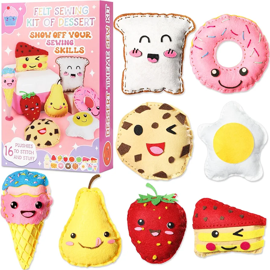 ZOIIWA 16 Sets Food Themed Sewing Kit for Kids Fun Craft for Boys Girls Felt Plush Craft Kit Sewing Kit Learn to Sew Kit Educational Beginners Sewing Stuffed Ornament for Back to School Classroom Gift