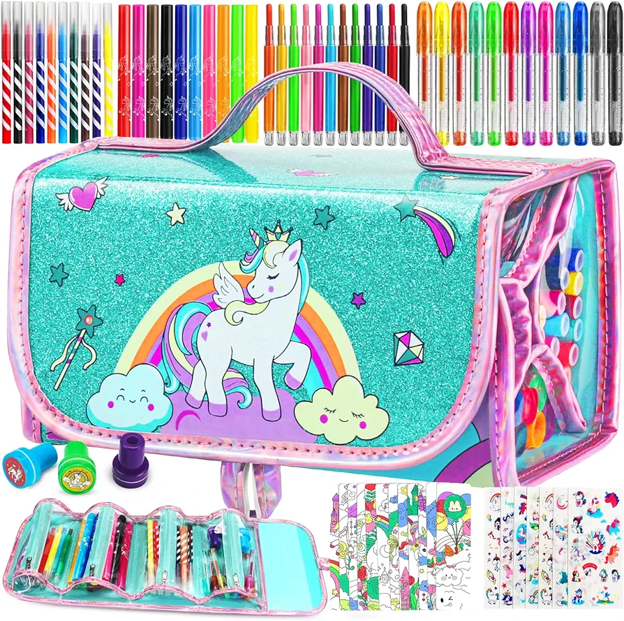 SLDALES Fruit Scented Markers Set 65 Pcs with Pencil Case, Unicorn Gifts for Girls, Coloring Marker Drawing Kit Art Supplies for Kids, Christmas Gifts for Kids 4 5 6 7 8 Year Old