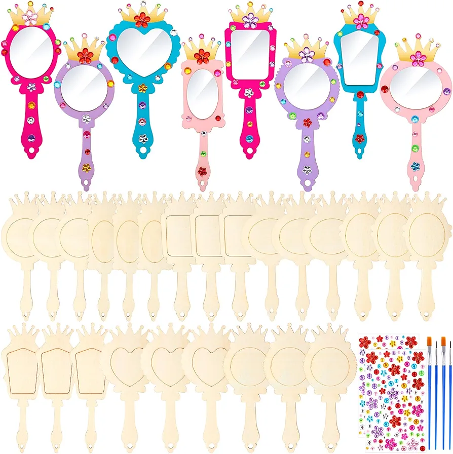 24 Pack Wooden Mirror Craft for Girls DIY Decorate You Own Princess Mirrors Wooden Hand Mirror Small Mirrors for Crafts Paint Princess Party Decorations Birthday Supplies Favors